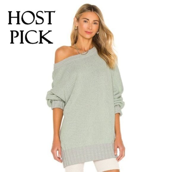 NWT Free People lime grey cotton blend oversize relaxed fit sweater, M - Picture 1 of 16